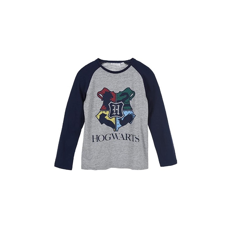 Camiseta Manga Larga Niño Gris y Azul Hogwarts Harry Potter